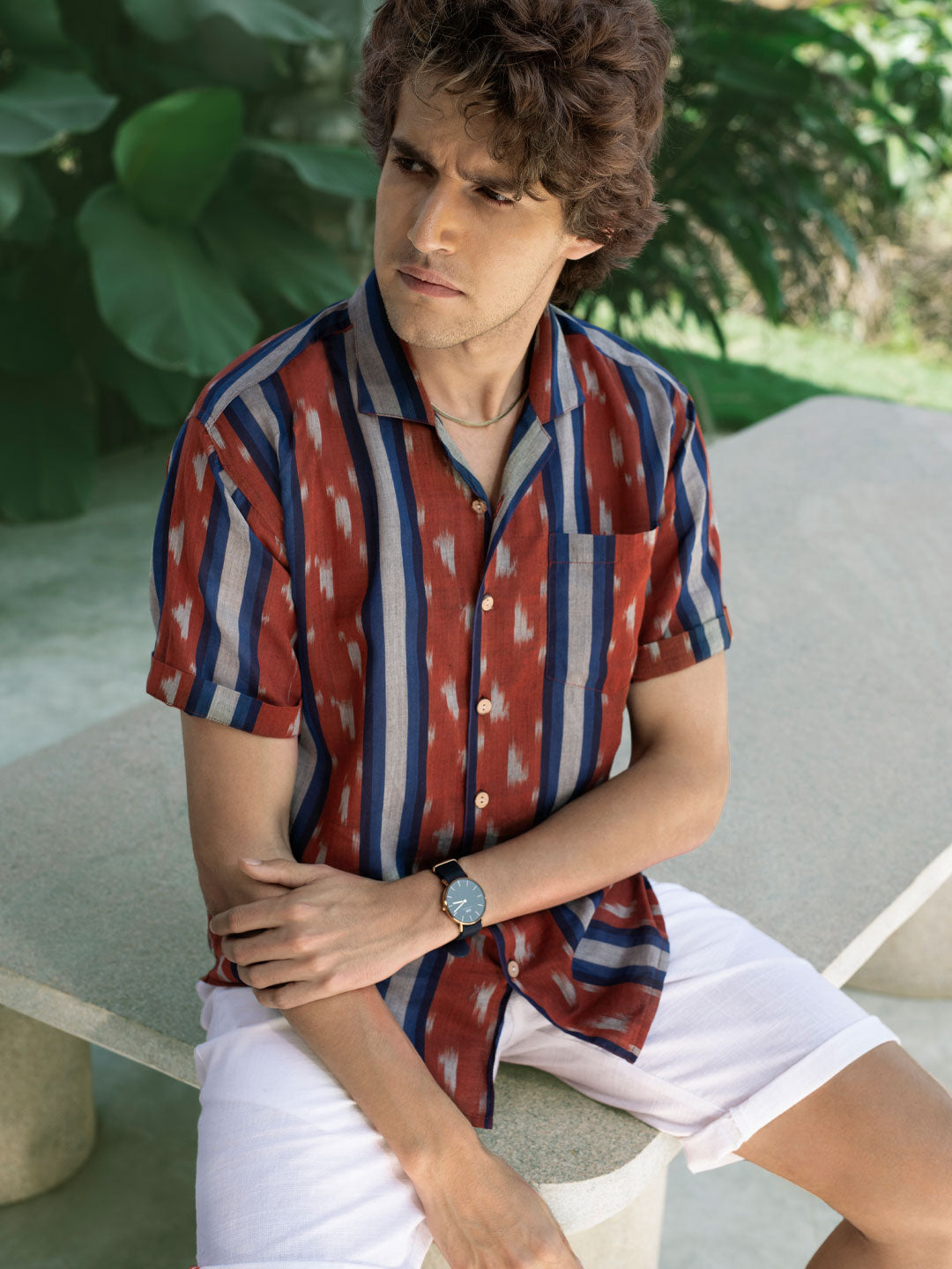 Oliver - Cuban Collar Handwoven Ikat Shirt Redwoods