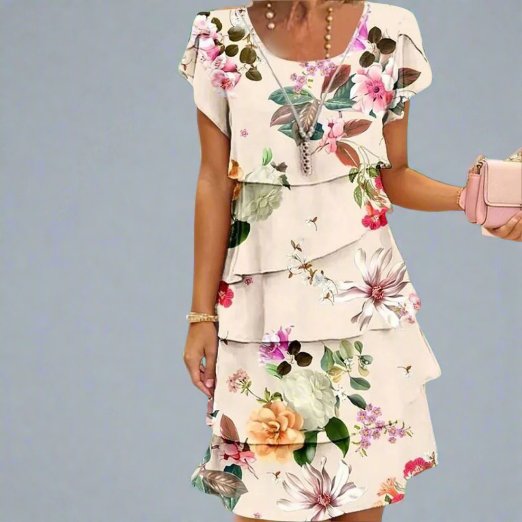 Sable - Round neck dress with floral print, ruffles and pleats