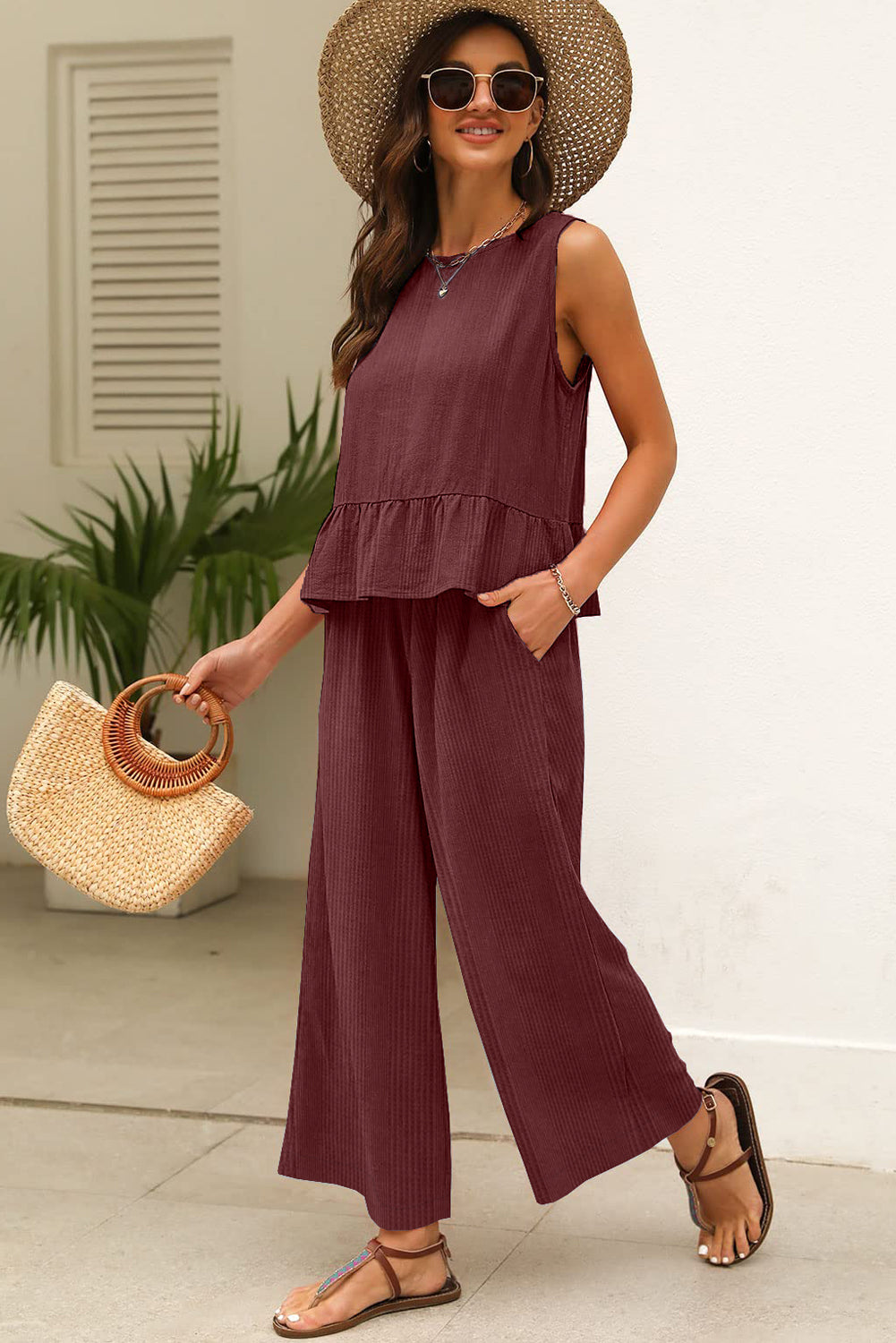 Amelia - Blue Ribbed Ruffle Tank Top and Pants Set