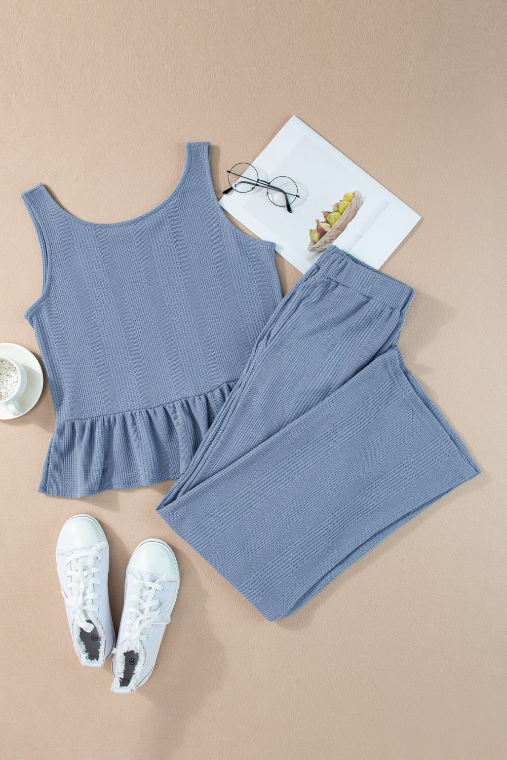 Amelia - Blue Ribbed Ruffle Tank Top and Pants Set