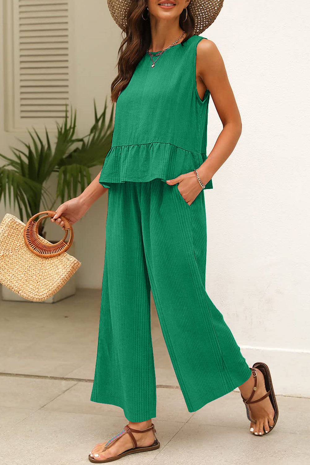 Amelia - Blue Ribbed Ruffle Tank Top and Pants Set