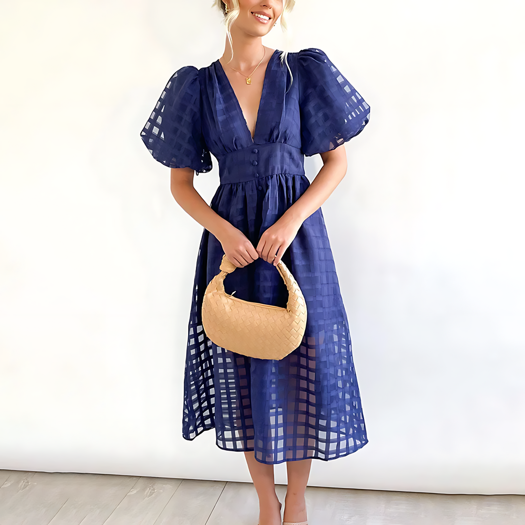 Elowen – Vintage Puff Sleeve Midi Dress