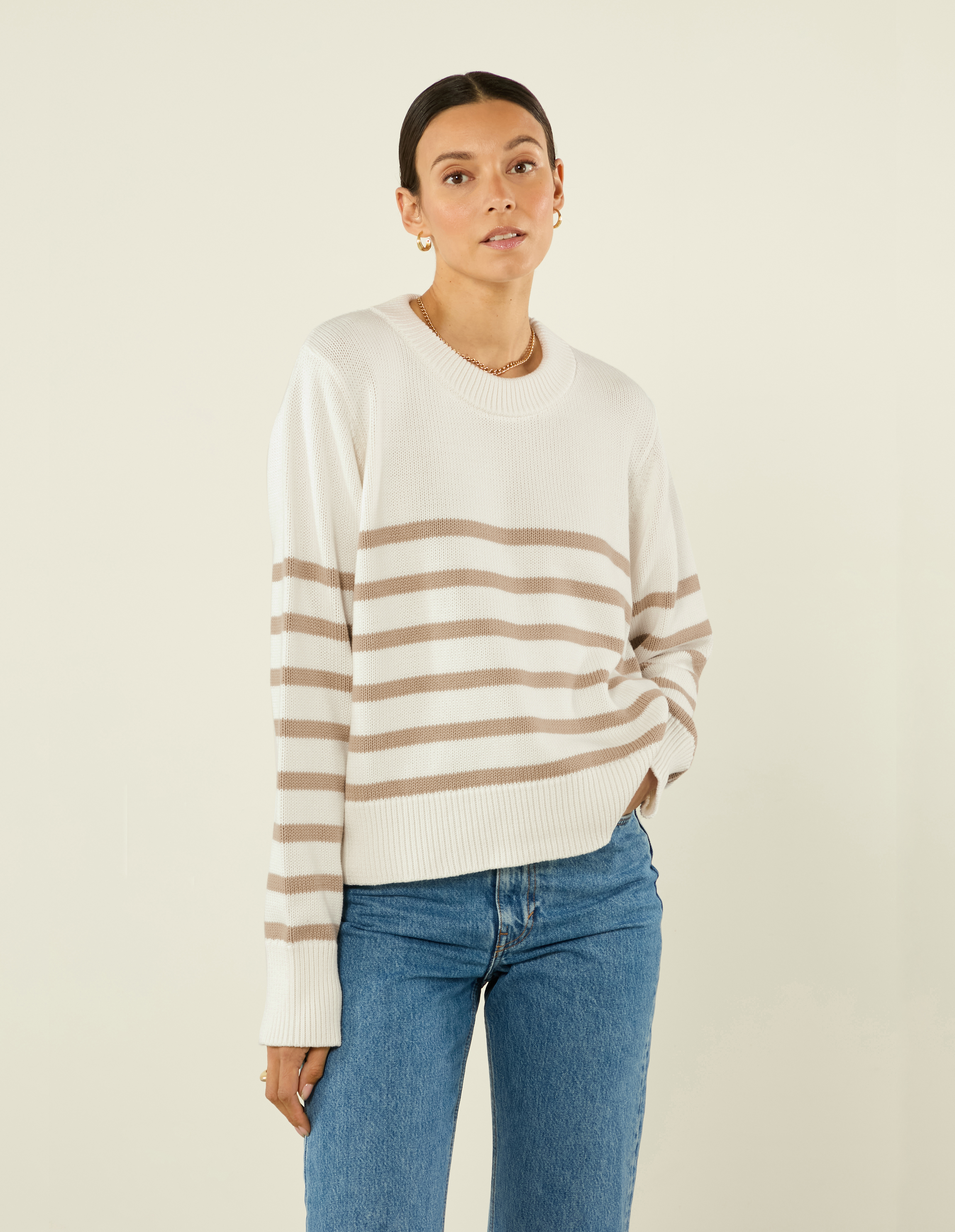 Isla - Devon Jumper: Cotton, Latte Stripe