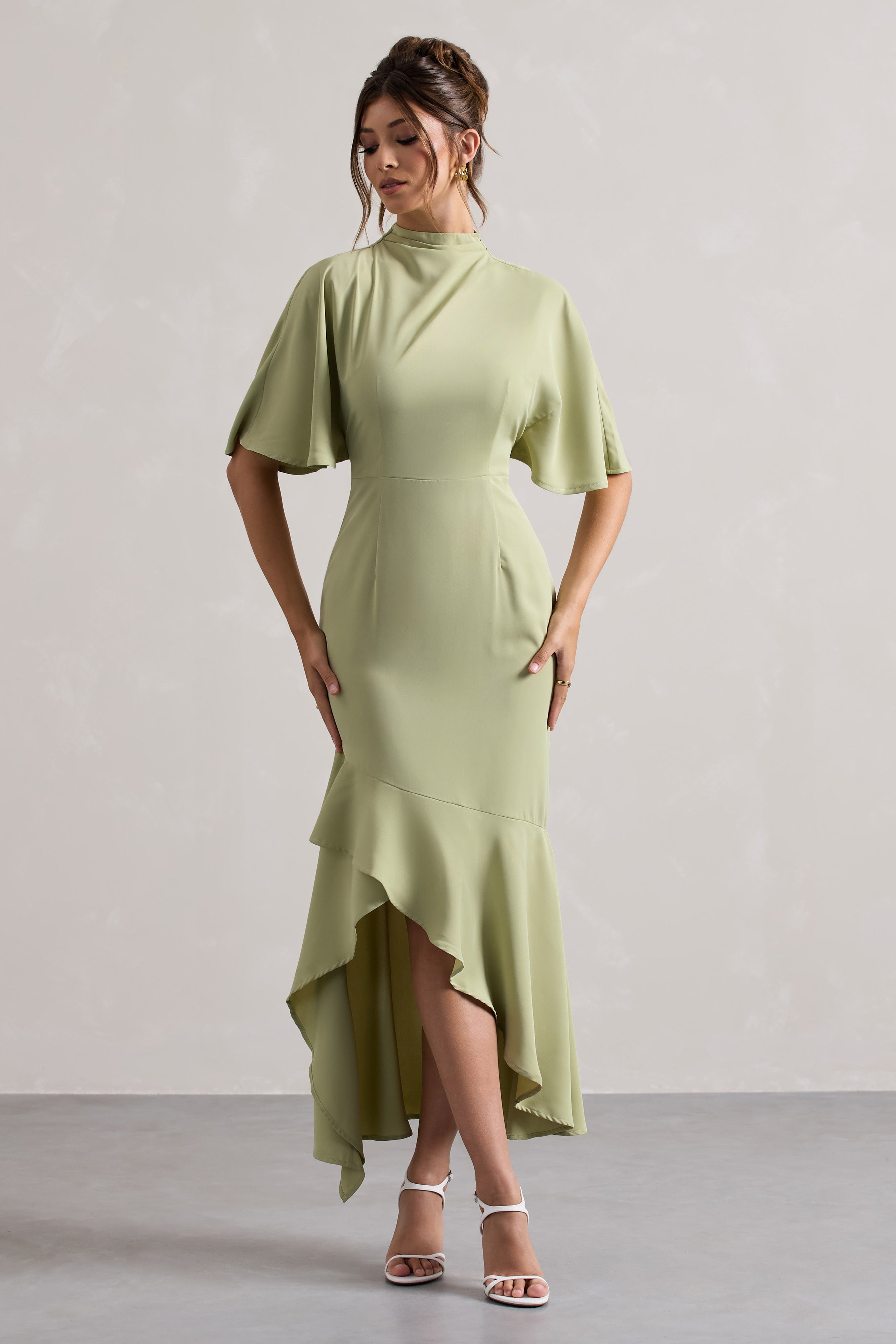 Lavinia - Sage High-Neck Flutter Maxi Dress