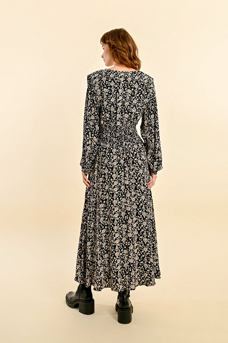 Amelia – Black Floral Woven Midi Dress