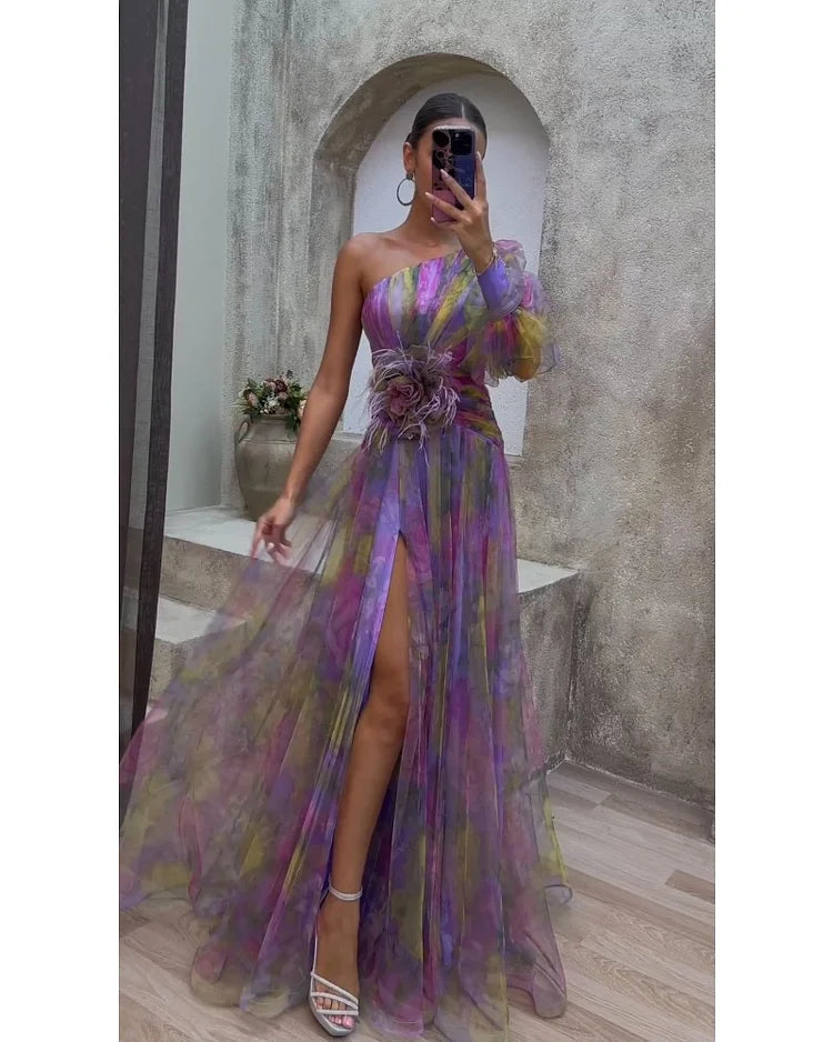 Cecelia – One-Shoulder Feather Detail Gown