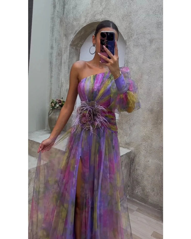 Cecelia – One-Shoulder Feather Detail Gown