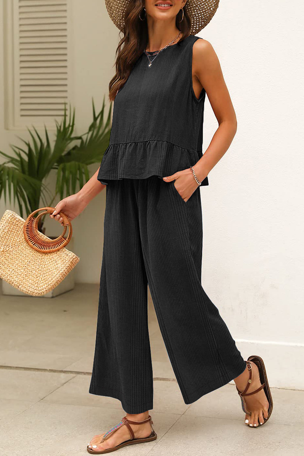 Amelia - Blue Ribbed Ruffle Tank Top and Pants Set