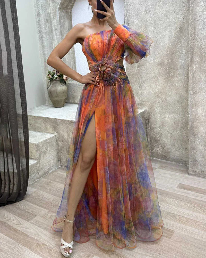 Cecelia – One-Shoulder Feather Detail Gown