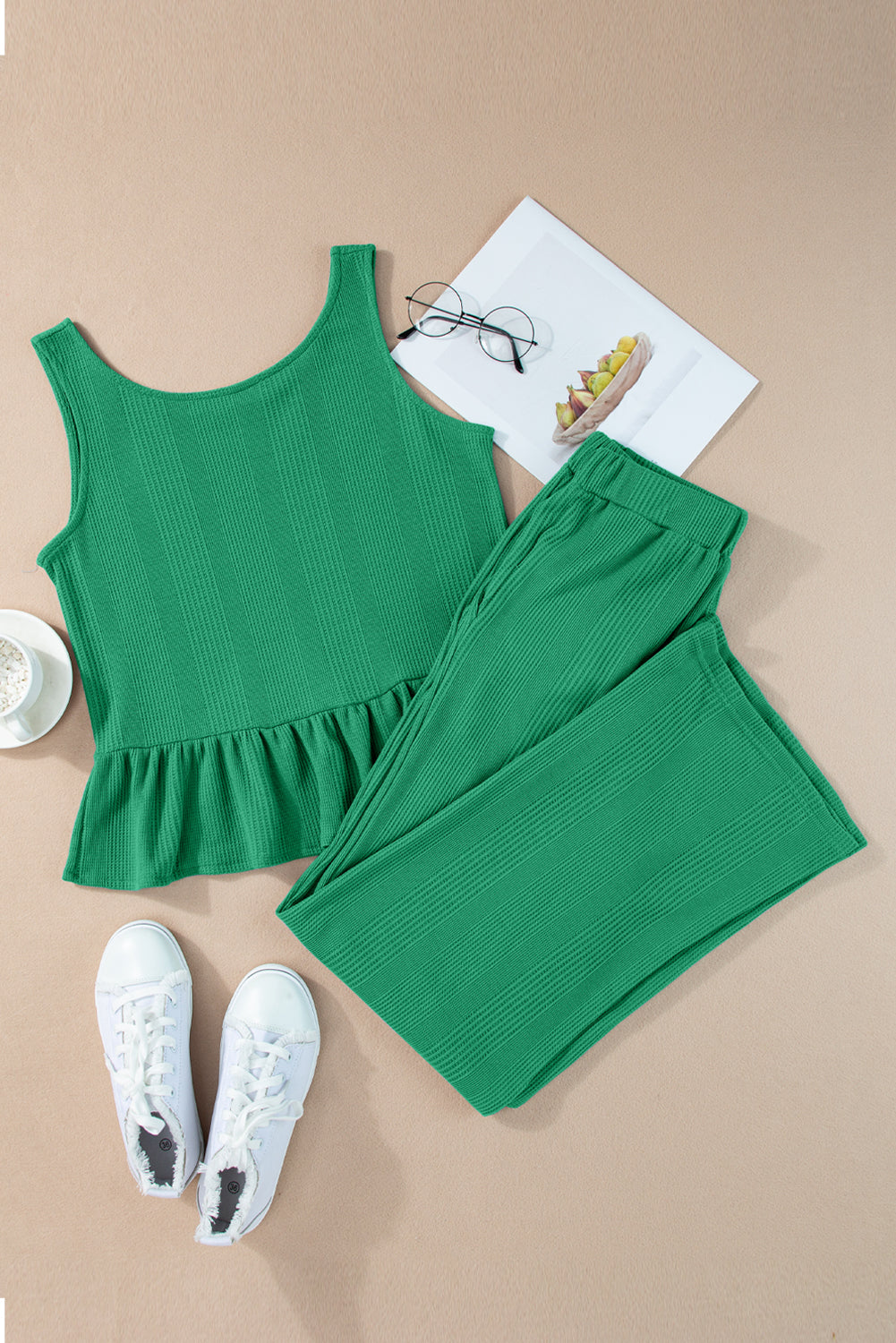 Amelia - Blue Ribbed Ruffle Tank Top and Pants Set