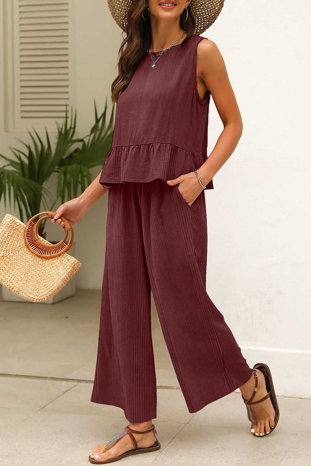 Amelia - Blue Ribbed Ruffle Tank Top and Pants Set