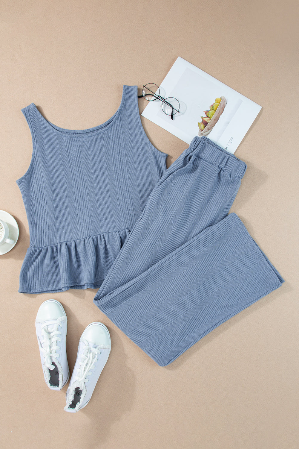 Amelia - Blue Ribbed Ruffle Tank Top and Pants Set
