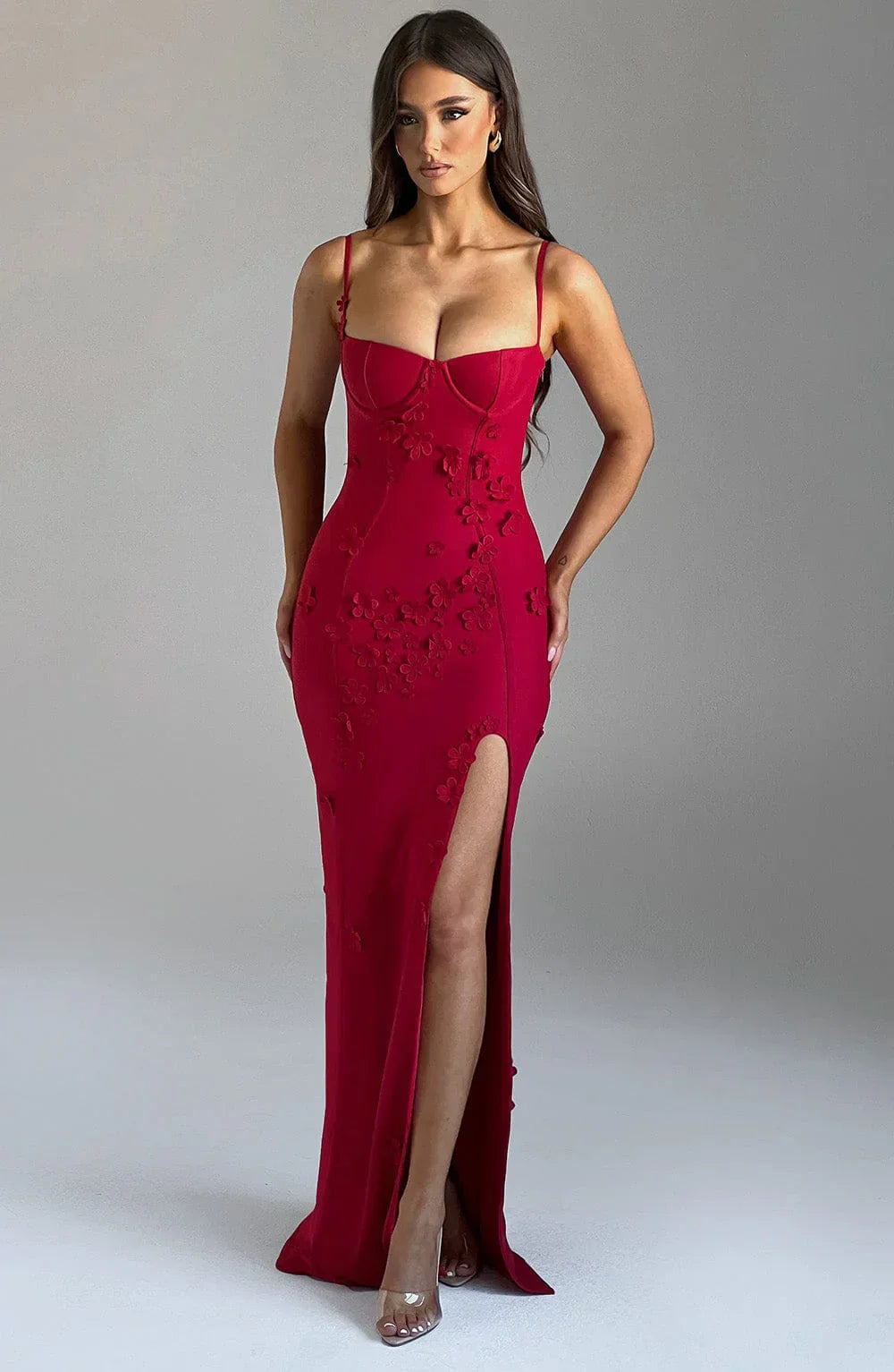 Concetta – Floral Appliqué Slit Gown