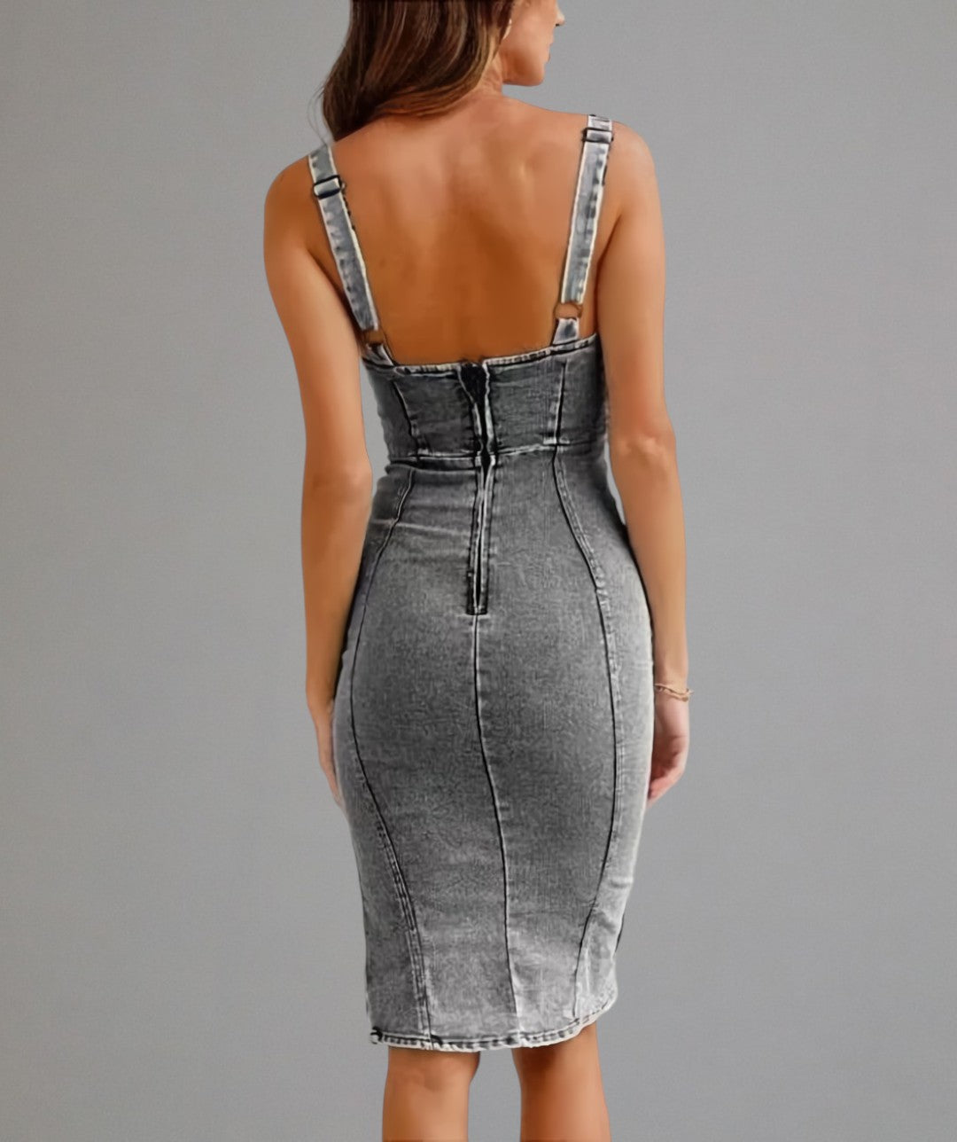 Denise – Backless Denim Dress with Side Split