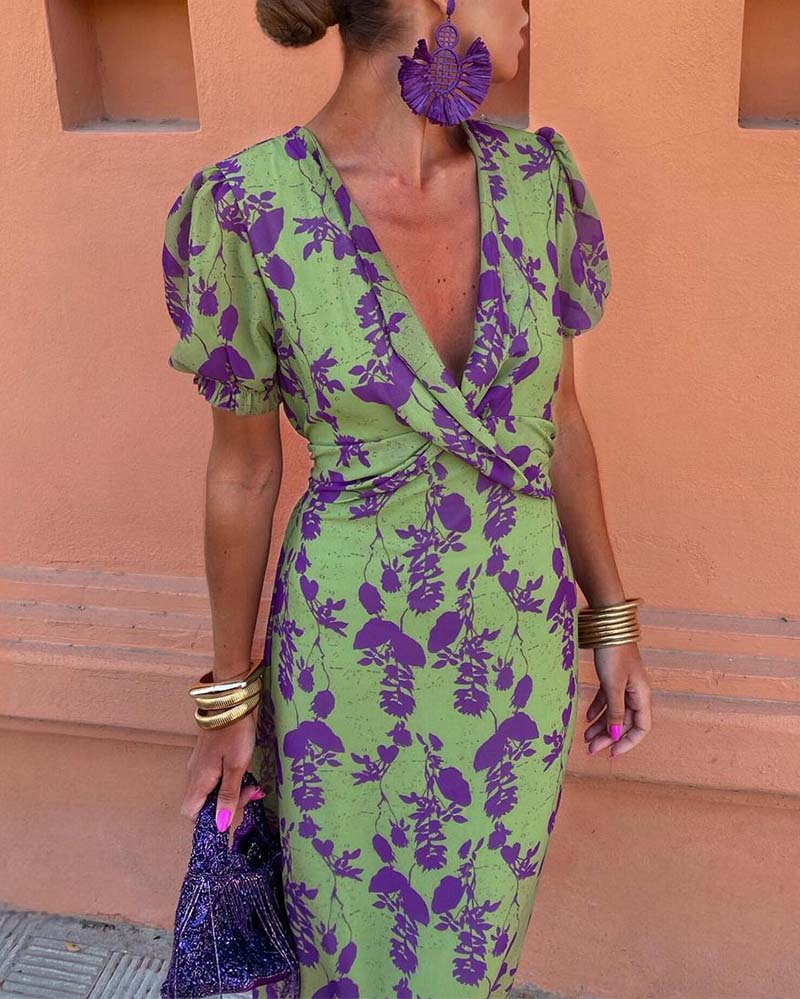 Aria™ - Chic Deep V-Neck Dress with Leaf Design
