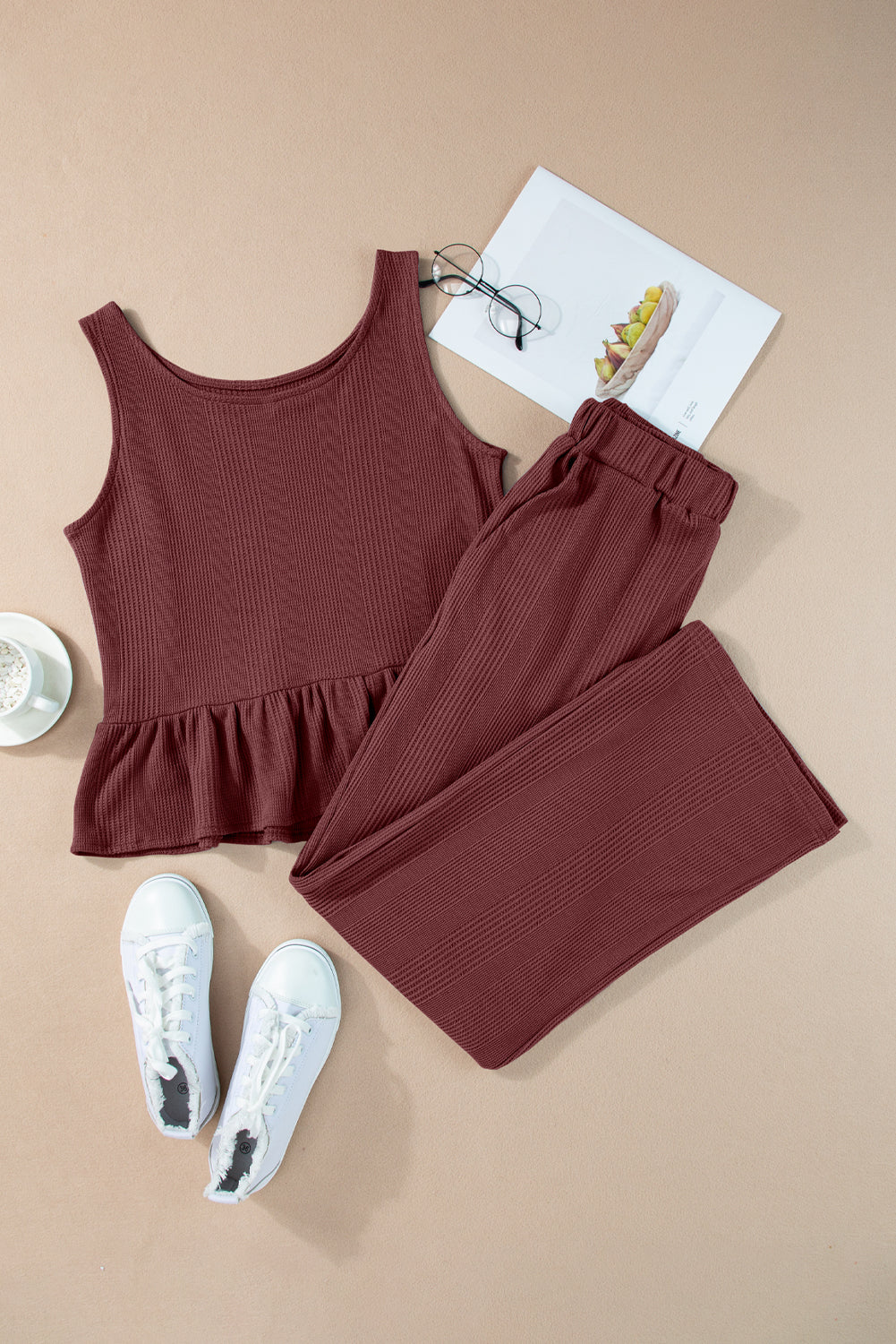 Amelia - Blue Ribbed Ruffle Tank Top and Pants Set