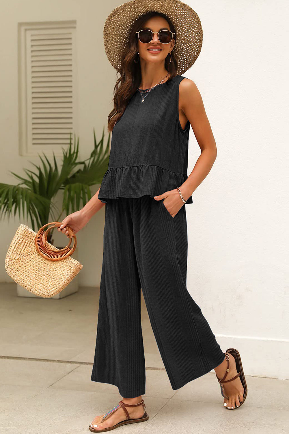 Amelia - Blue Ribbed Ruffle Tank Top and Pants Set