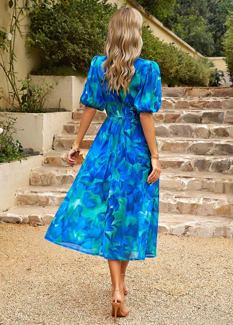 Innova – Ruched Puff Sleeve Midi Dress