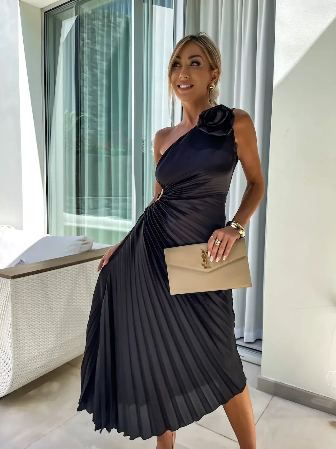 Lizbeth – Pleated One-Shoulder Midi Dress
