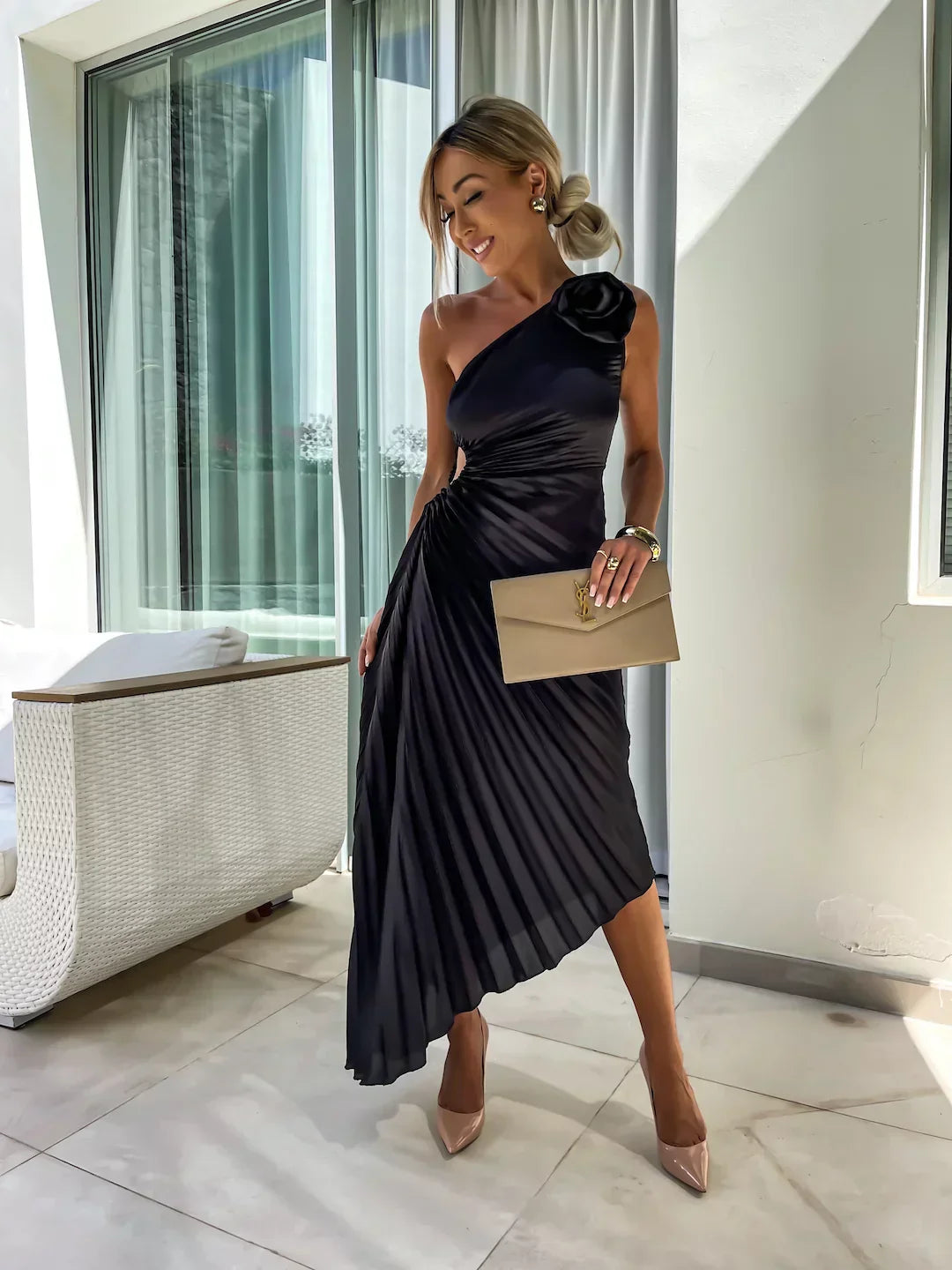 Lizbeth – Pleated One-Shoulder Midi Dress