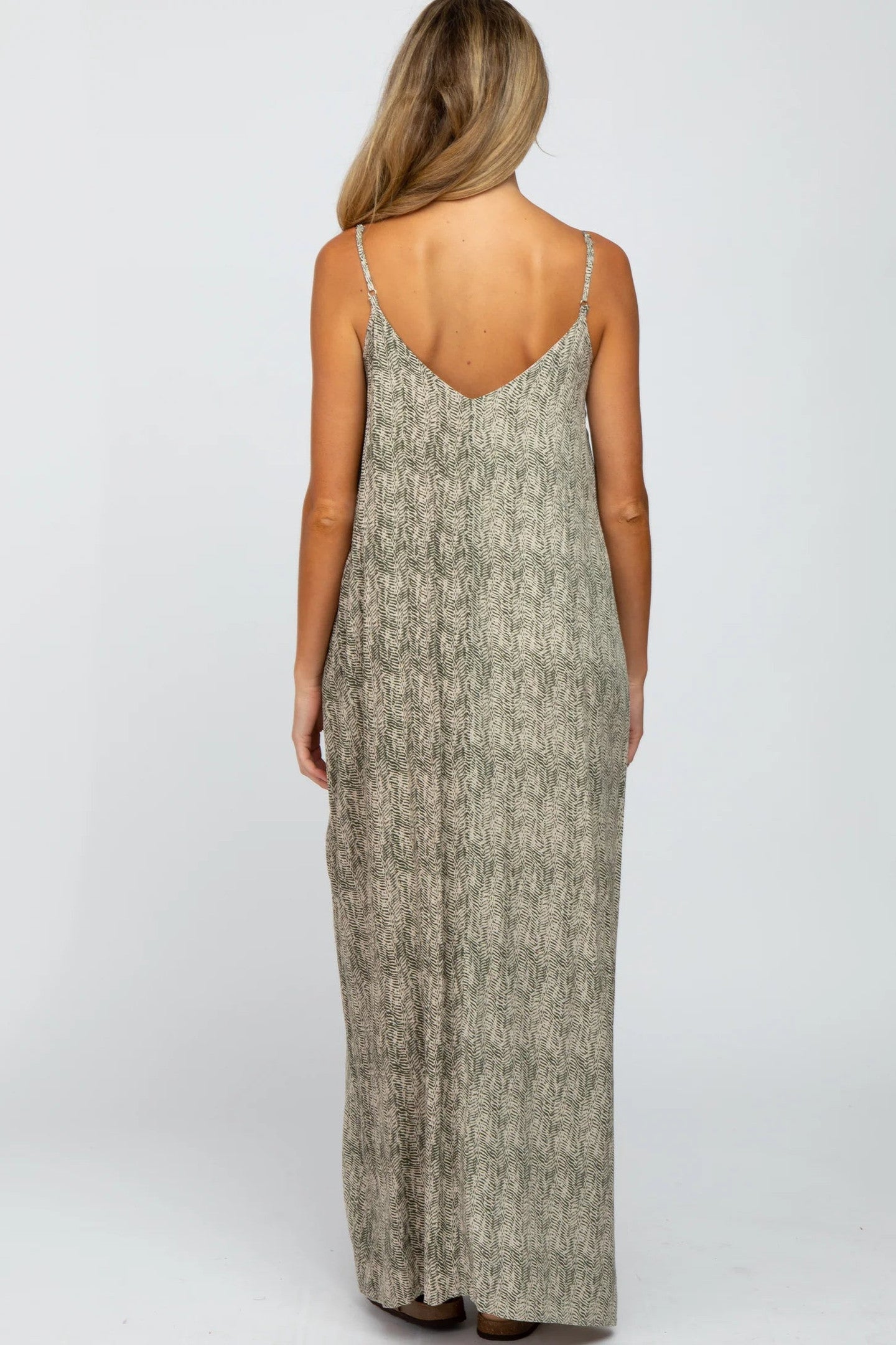 Olive Printed Sleeveless Maxi Dress