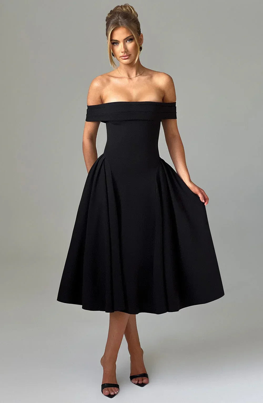 Antonia – Off-Shoulder Pleated Midi Gown