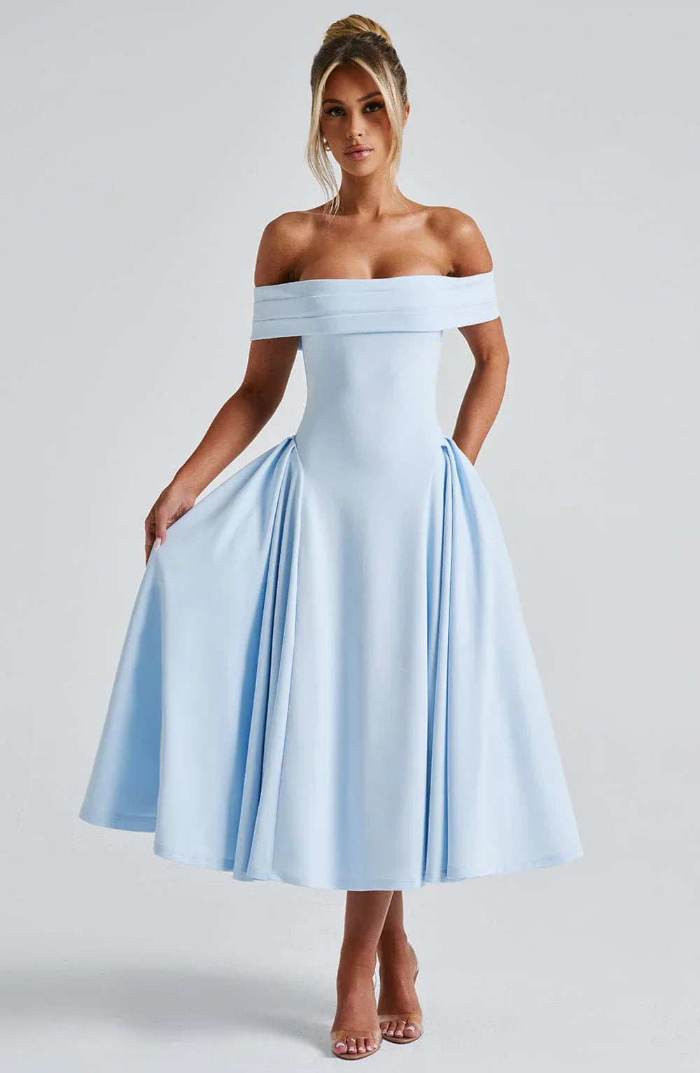 Bellina – Off-Shoulder Pleated Midi Gown