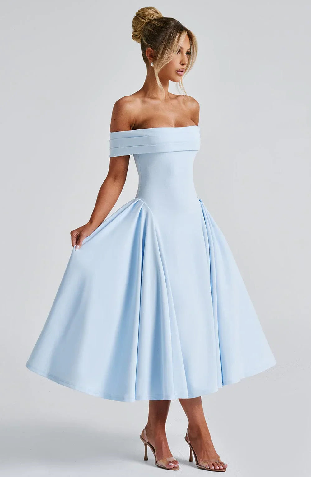 Bellina – Off-Shoulder Pleated Midi Gown