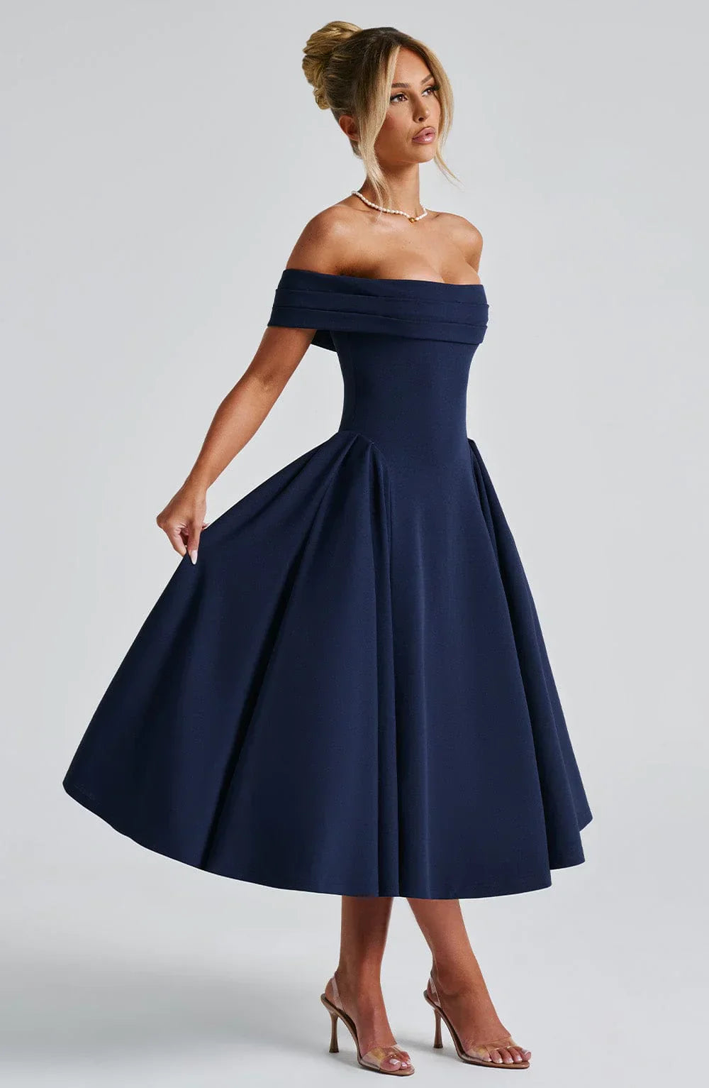 Antonia – Off-Shoulder Pleated Midi Gown