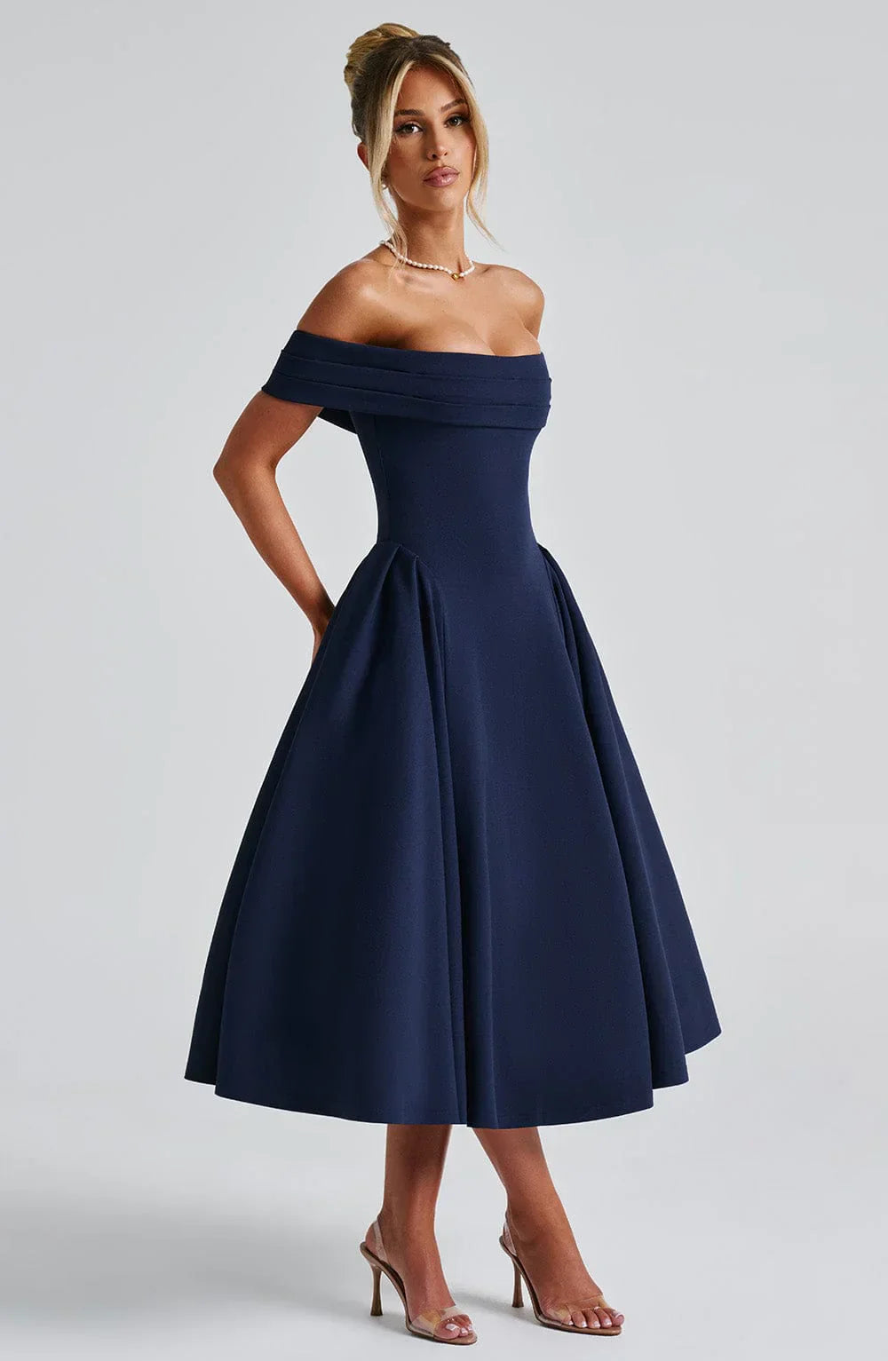 Antonia – Off-Shoulder Pleated Midi Gown