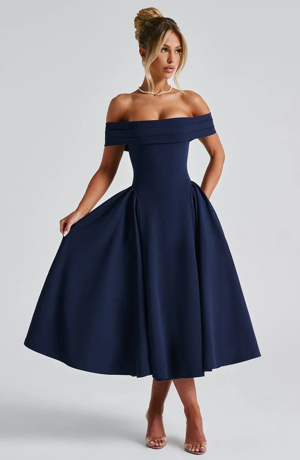 Antonia – Off-Shoulder Pleated Midi Gown