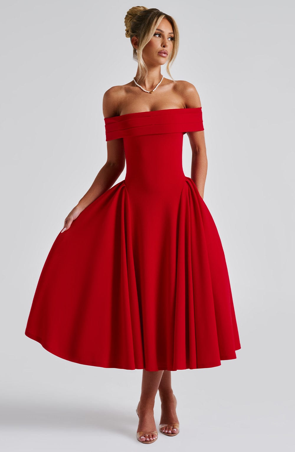 Antonia – Off-Shoulder Pleated Midi Gown