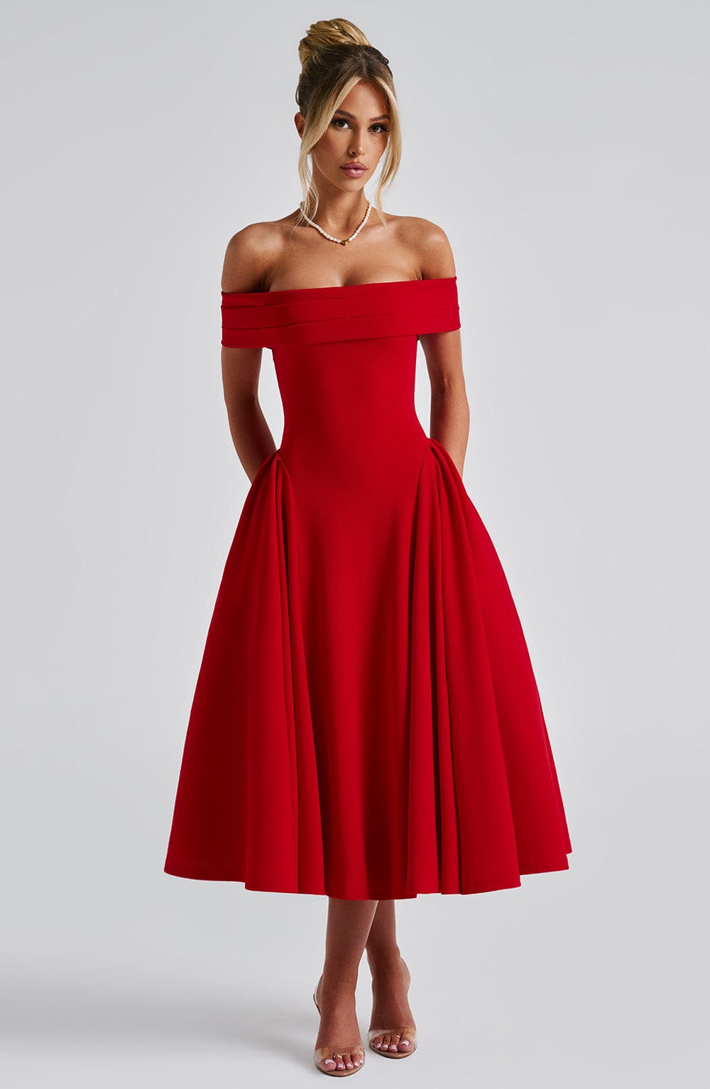 Antonia – Off-Shoulder Pleated Midi Gown
