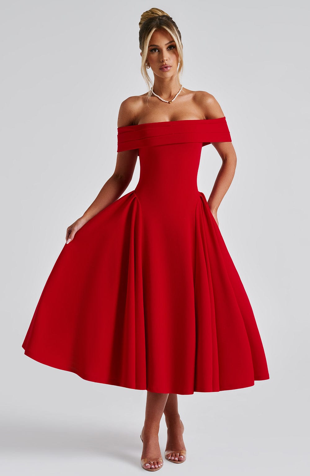 Rosetta – Off-Shoulder Pleated Midi Gown