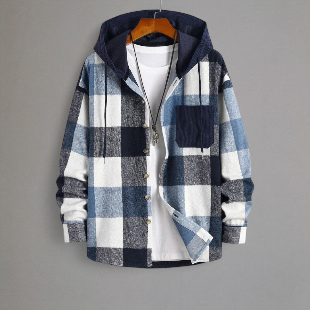 Oliver – Checkered Ribbed Hoodie with Button Closure