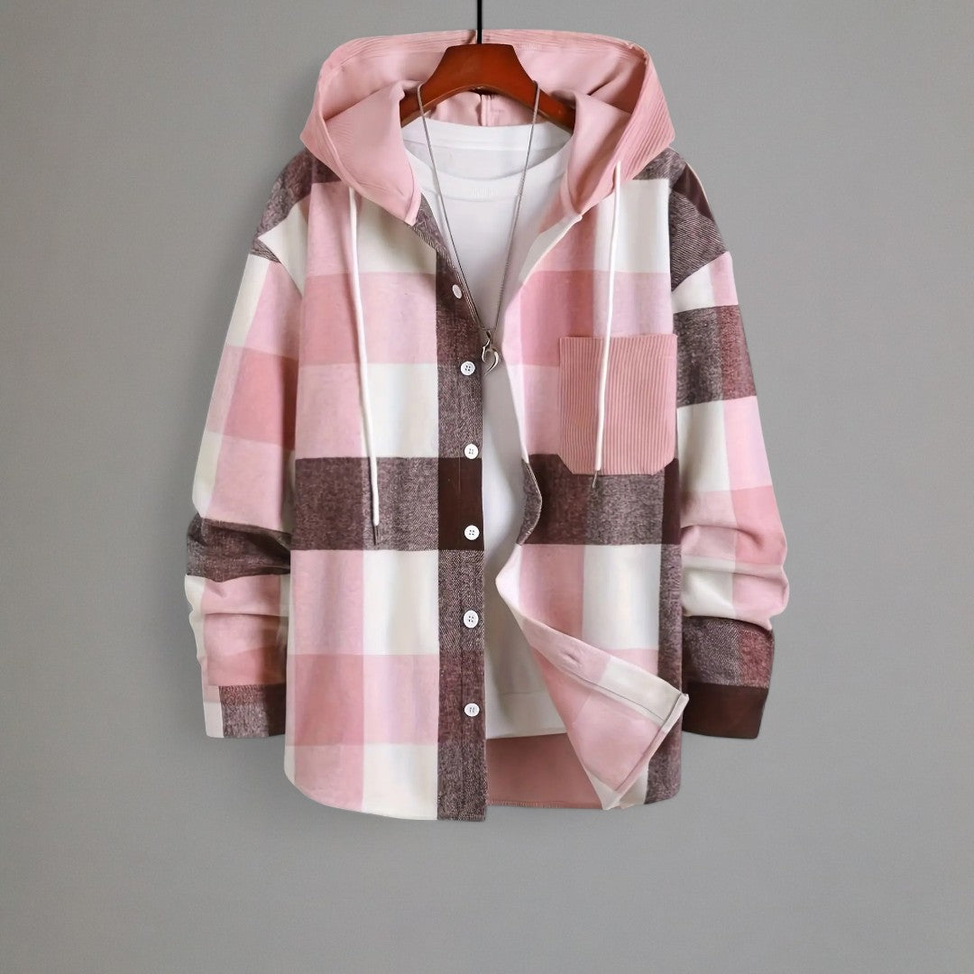 Oliver – Checkered Ribbed Hoodie with Button Closure