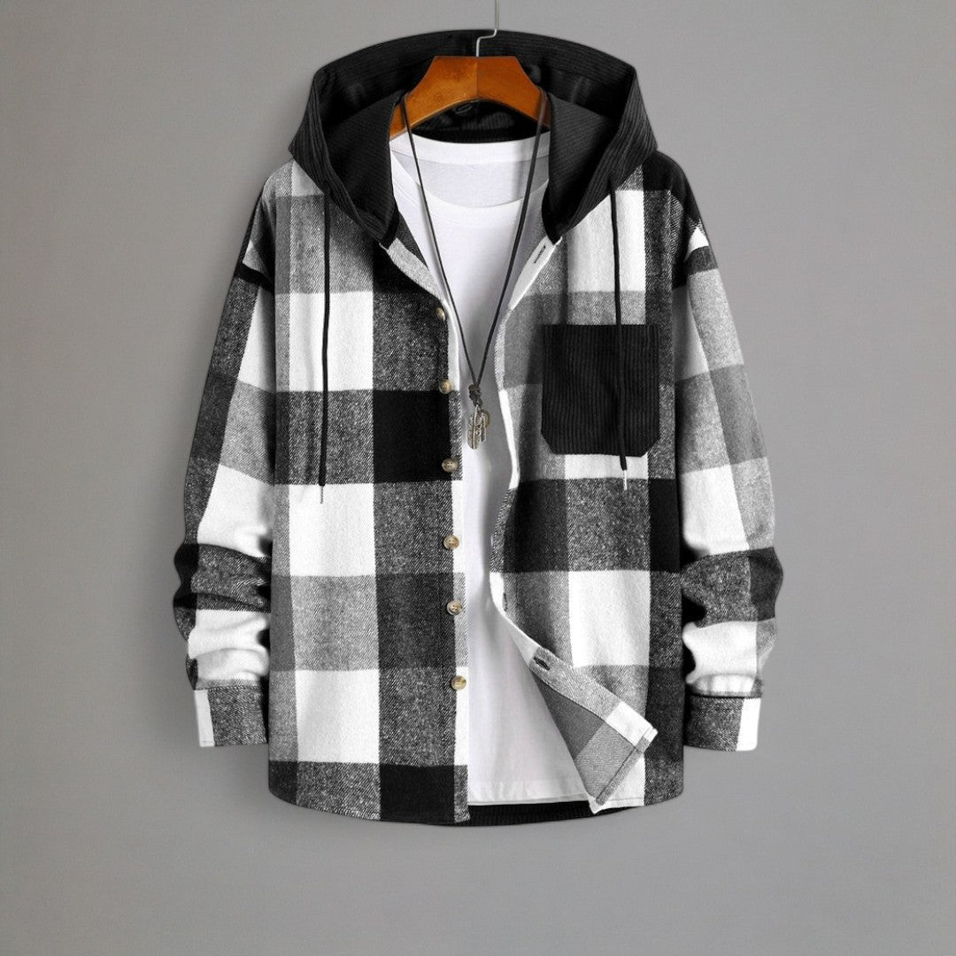 Oliver – Checkered Ribbed Hoodie with Button Closure