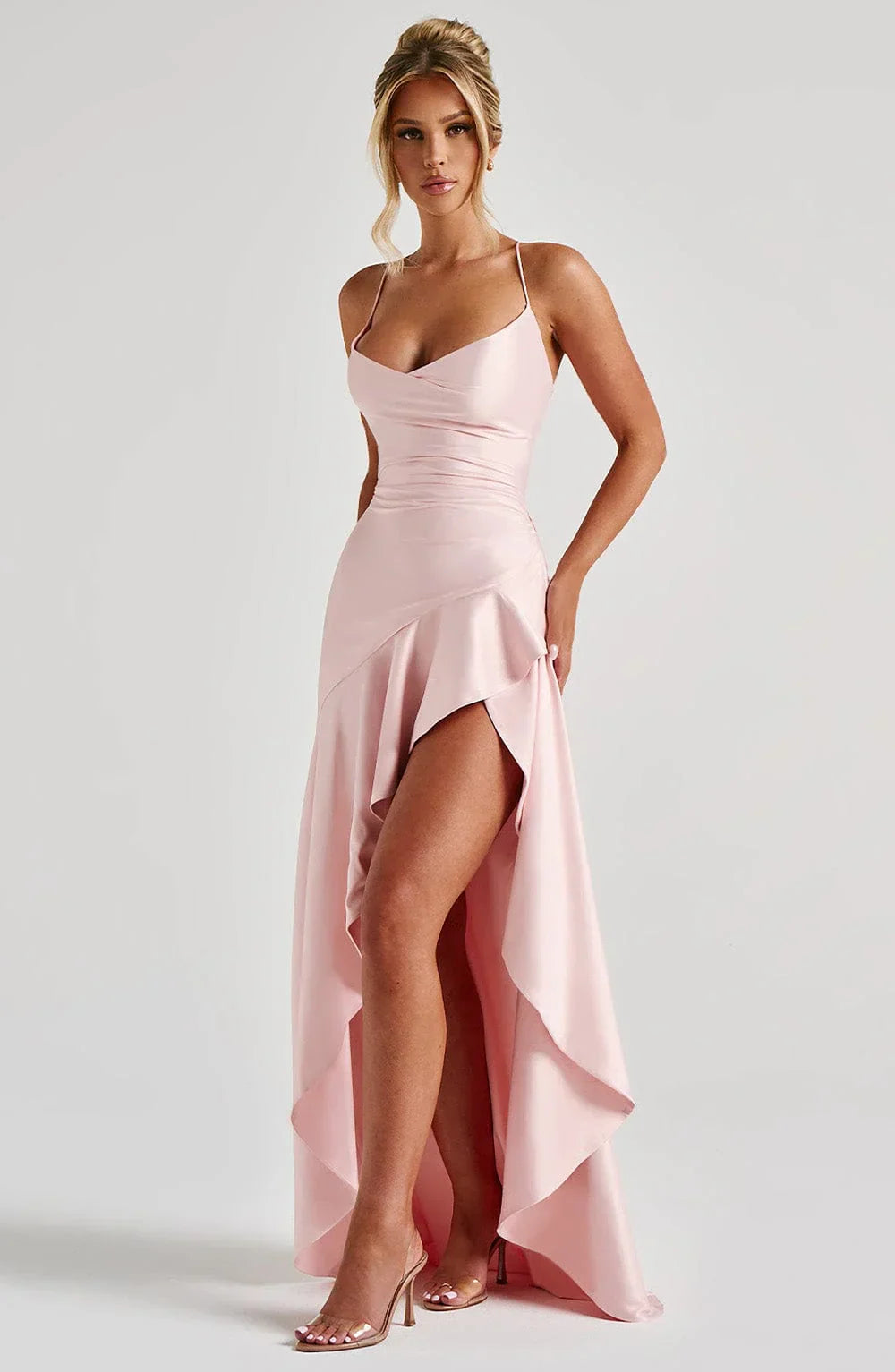 Delia – Draped Ruffle Hem Gown