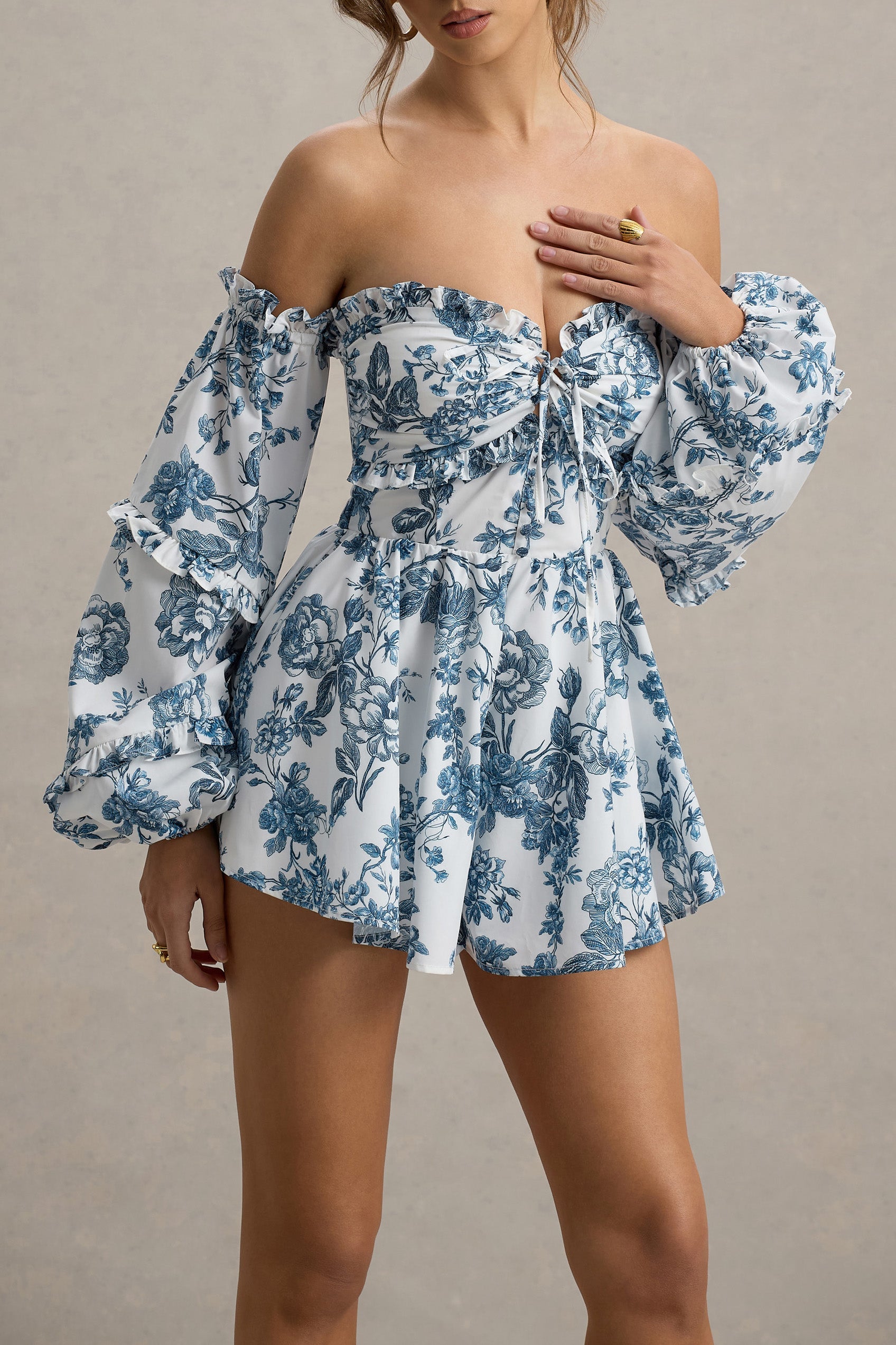 Evelyn - Blue Porcelain Bardot Ruffled Playsuit