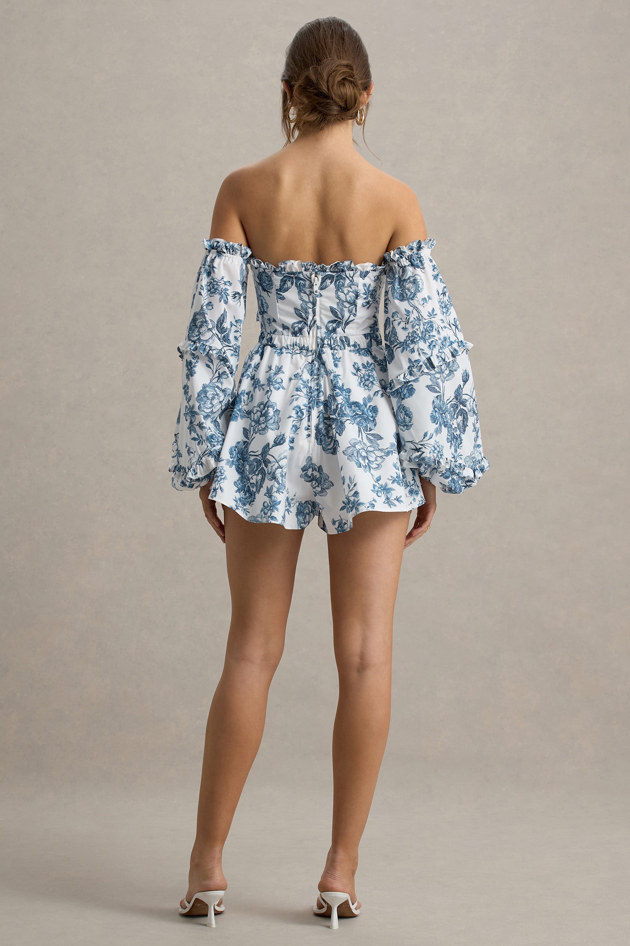 Evelyn - Blue Porcelain Bardot Ruffled Playsuit